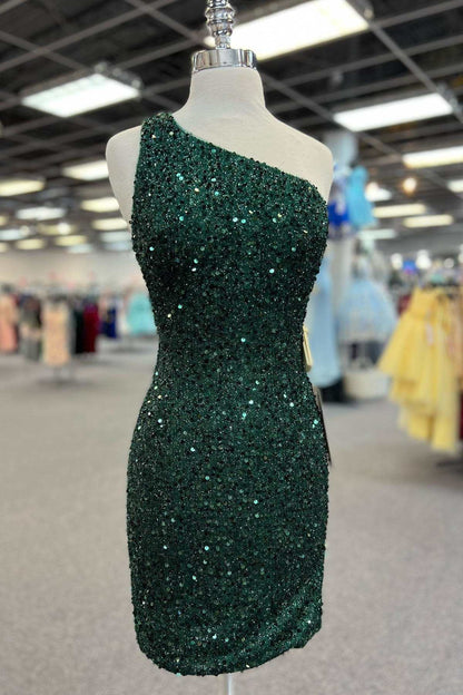 One-Shoulder Hunter Green Sequins Short Homecoming Dress