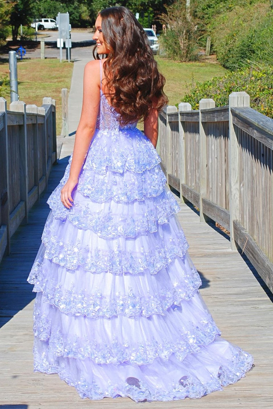 Black Tulle Sequin Tiered Long Gown with Spaghetti Straps