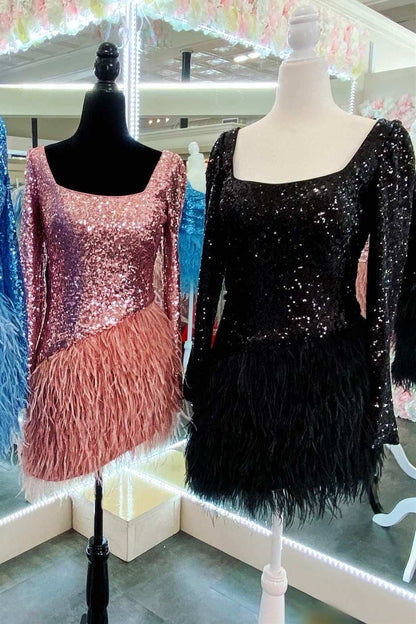 High-Low Sequin Feather Square Neck Long Sleeve Cocktail Dress