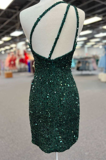 One-Shoulder Hunter Green Sequins Short Homecoming Dress