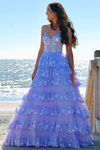 Black Tulle Sequin Tiered Long Gown with Spaghetti Straps