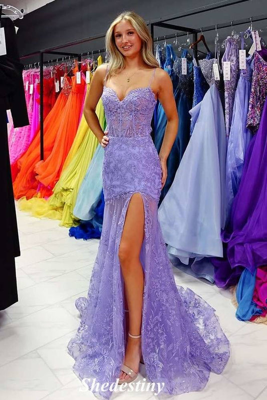Spaghetti Straps Lilac Mermaid Applique Fitted Prom Dress with Slit