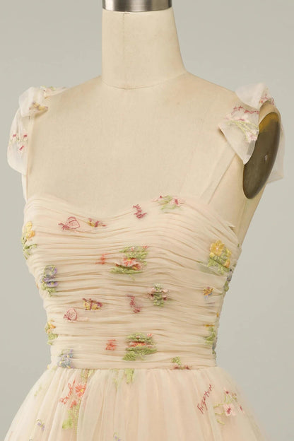 Nude Floral Print A-Line Short Homecoming Dress