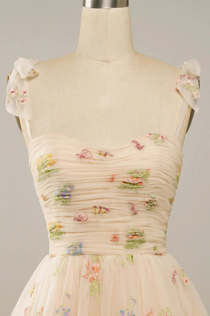 Nude Floral Print A-Line Short Homecoming Dress