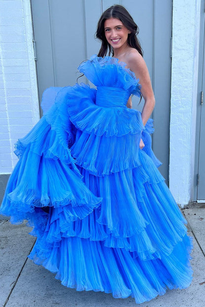 Strapless Banded Waist Tiered Long Prom Gown with Ruffles