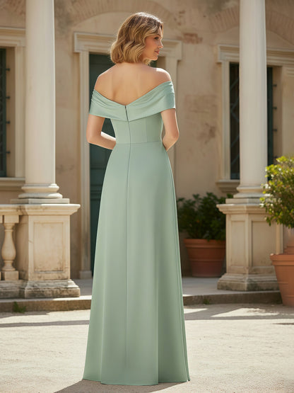 Off-the-Shoulder Pleated Stretch Satin Long Dress Mint Green