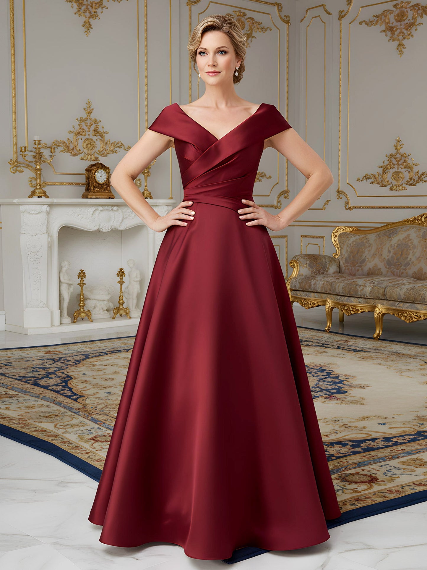 Elegant Pleated V-neck A-Line Sweep Train Dress Burgundy