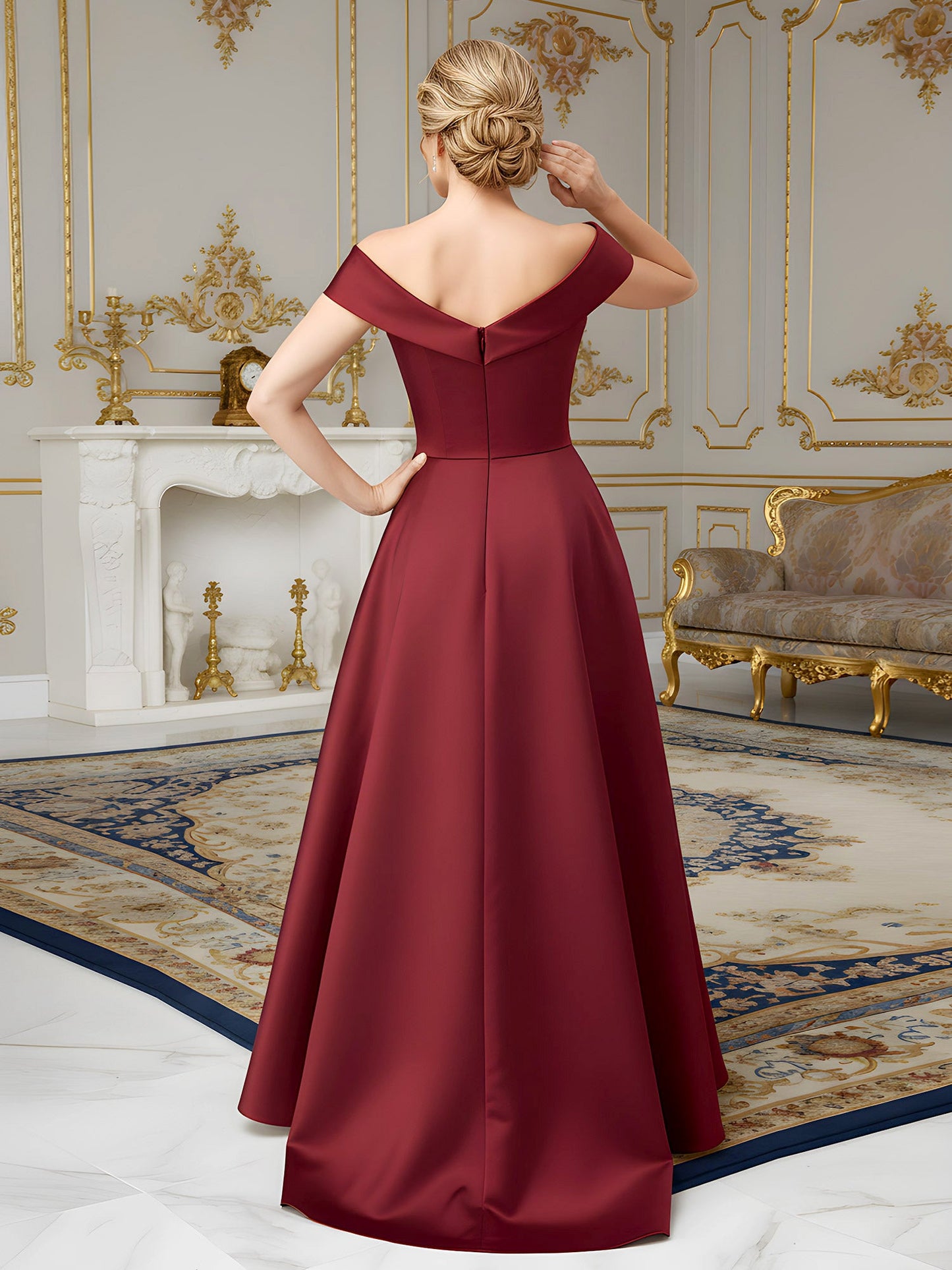 Elegant Pleated V-neck A-Line Sweep Train Dress Burgundy