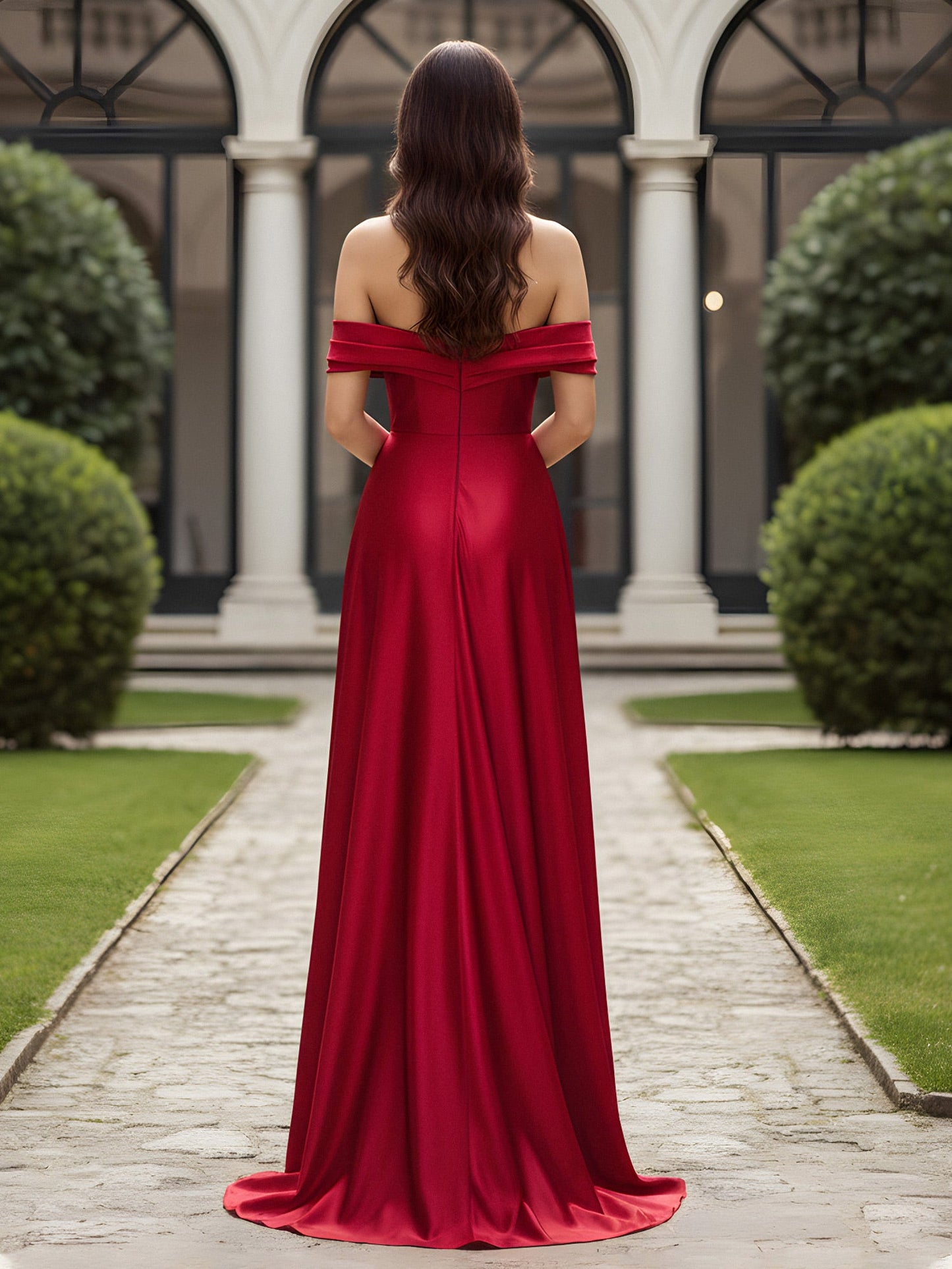 Off-The-Shoulder Pleated Dress With Slit Red