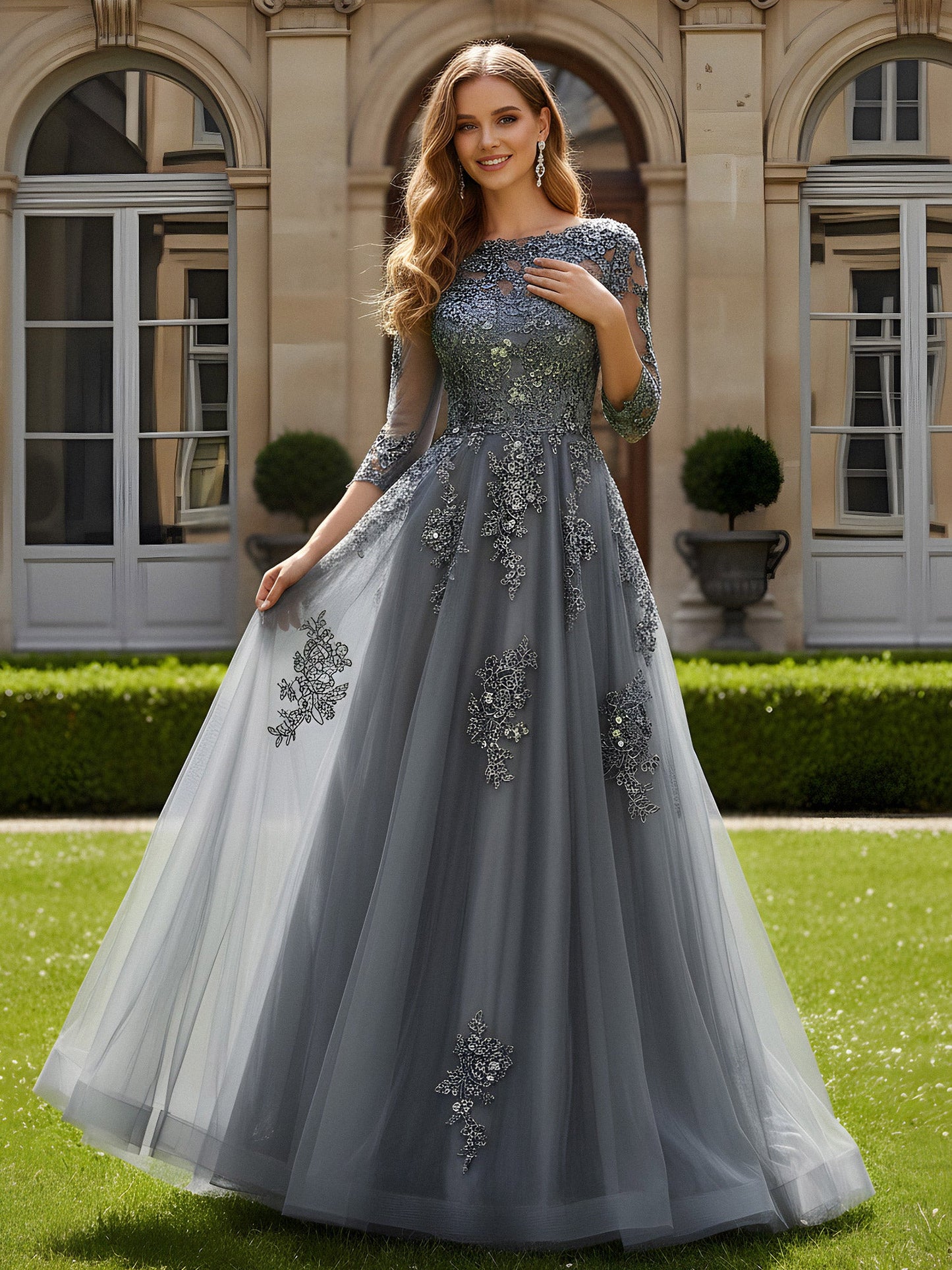 3/4 Length Sleeves A-Line Tulle Prom Dress Steel Grey