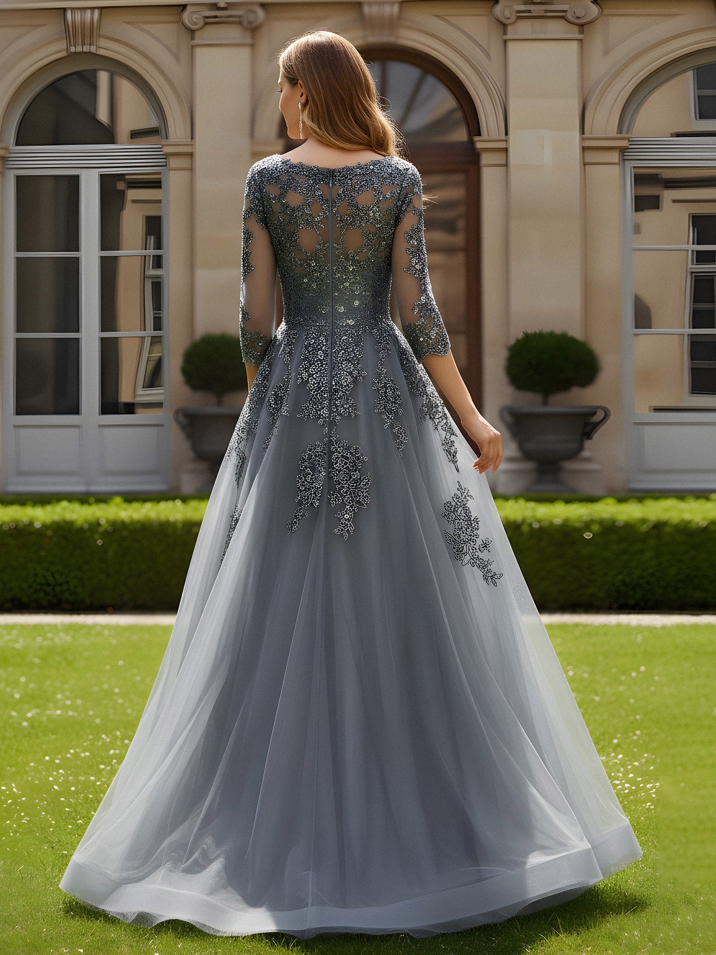 3/4 Length Sleeves A-Line Tulle Prom Dress Steel Grey