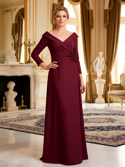 A-Line 3/4 Sleeves Sequin V-neck Long Dress Burgundy