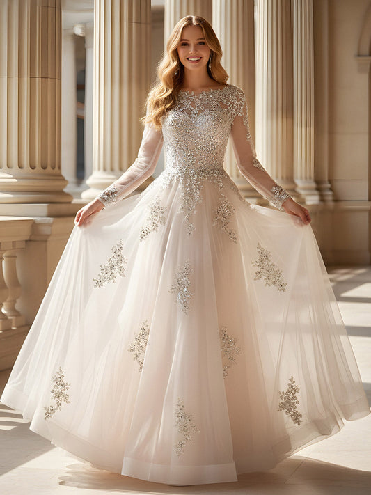 Long Sleeve A-Line Tulle Bateau Neck Prom Dress Champagne