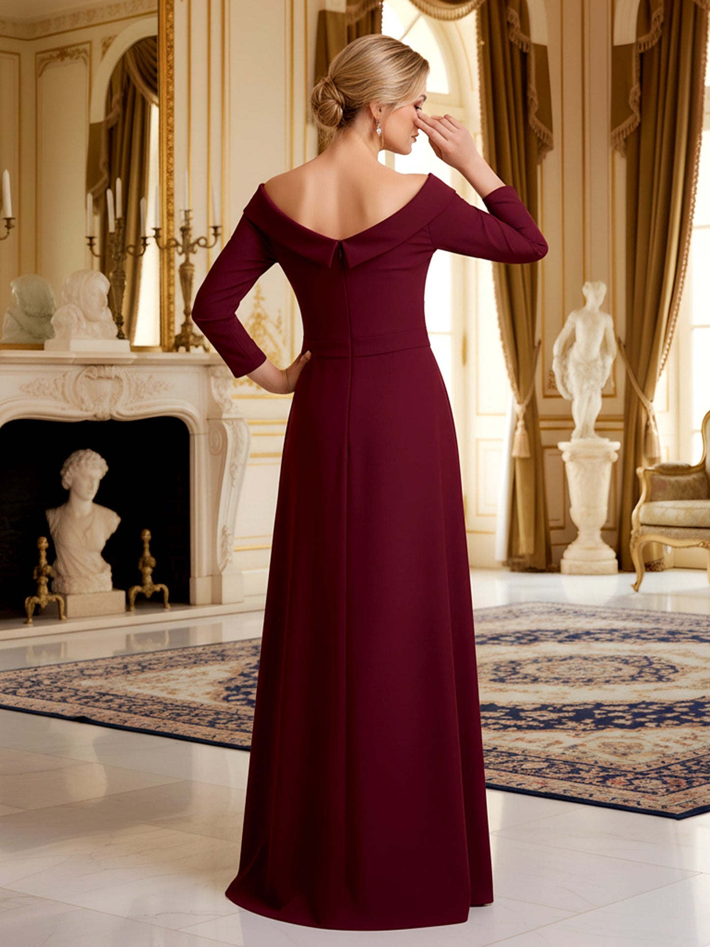 A-Line 3/4 Sleeves Sequin V-neck Long Dress Burgundy