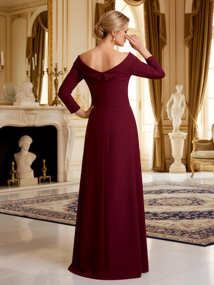 A-Line 3/4 Sleeves Sequin V-neck Long Dress Burgundy