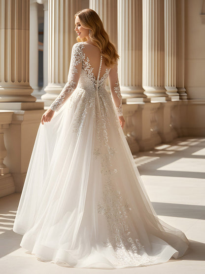 Long Sleeve A-Line Tulle Bateau Neck Prom Dress Champagne