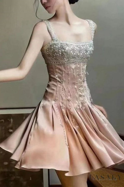 Girlhomeshops-Pink Gorgeous Exquisite Beaded Short Satin Homecoming Dress Birthday Dress gh5306