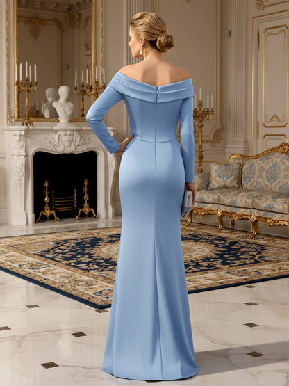 Off-the-shoulder Long Sleeve Pleated Bodycon Dress Sky Blue