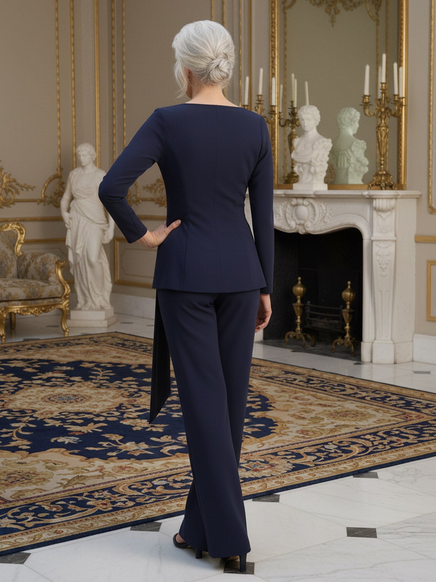Pleated V-neck Long Sleeve Pant Suit With Bow Dark Navy