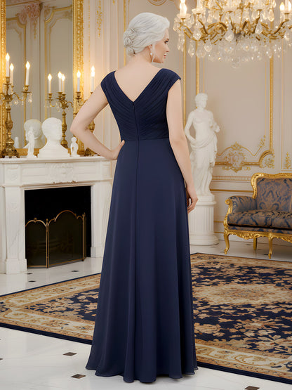 V-neck Pleated Bodice Applique Long Dress Dark Navy