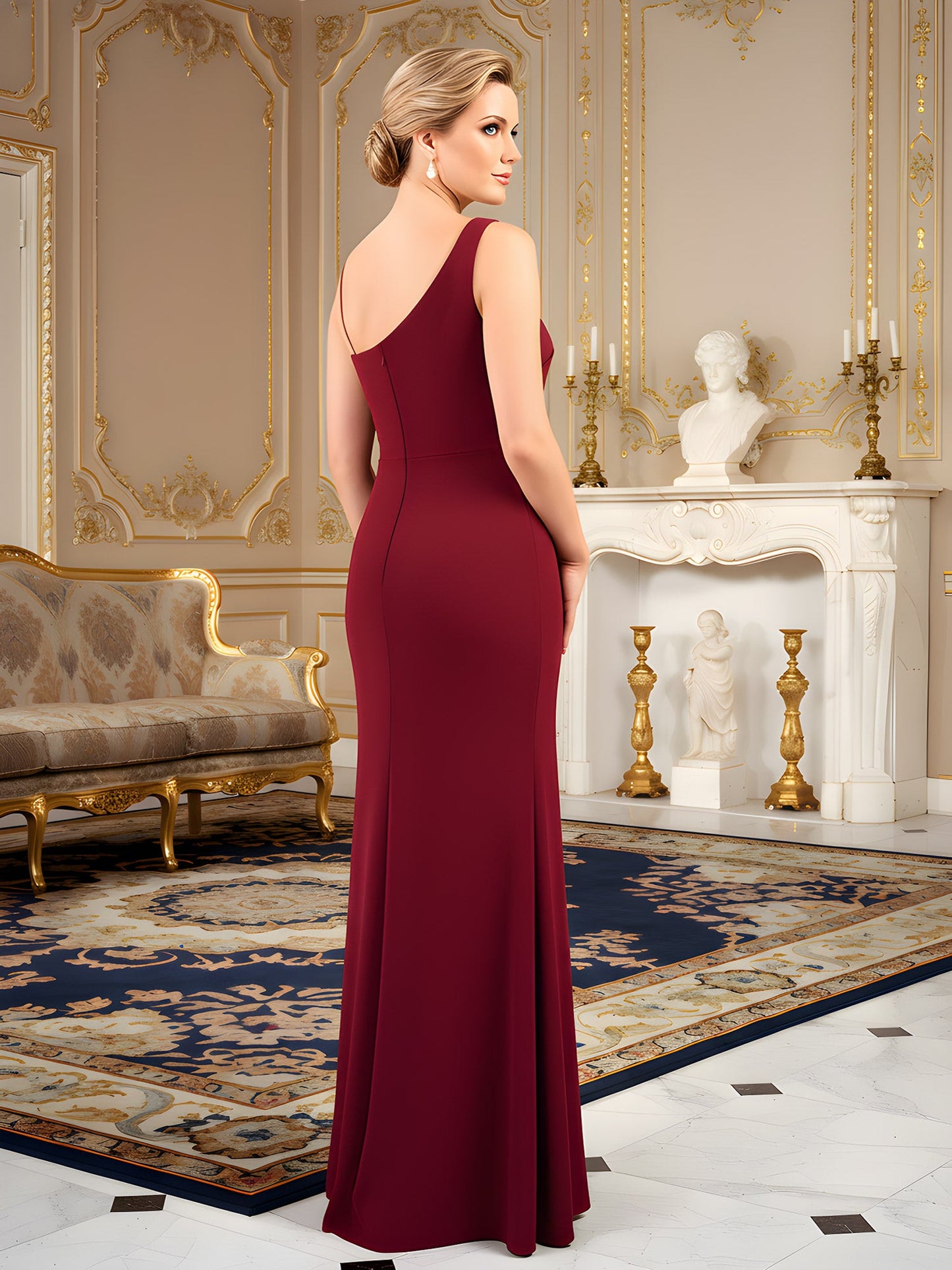 Pleated One Shoulder Ruffle Dress With Slit Burgundy