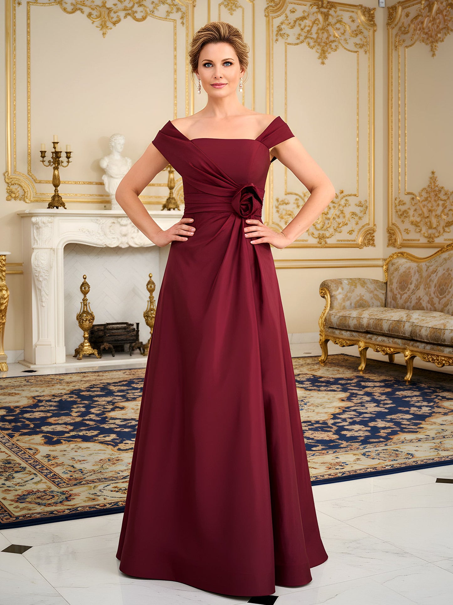Square Neck A-Line Sweep Train Dress With Flower Burgundy
