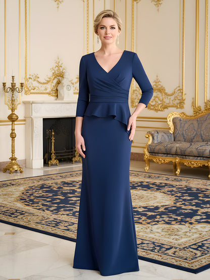 V-neck Pleated Bodice 3/4 Sleeves Ruffle Dress Navy Blue