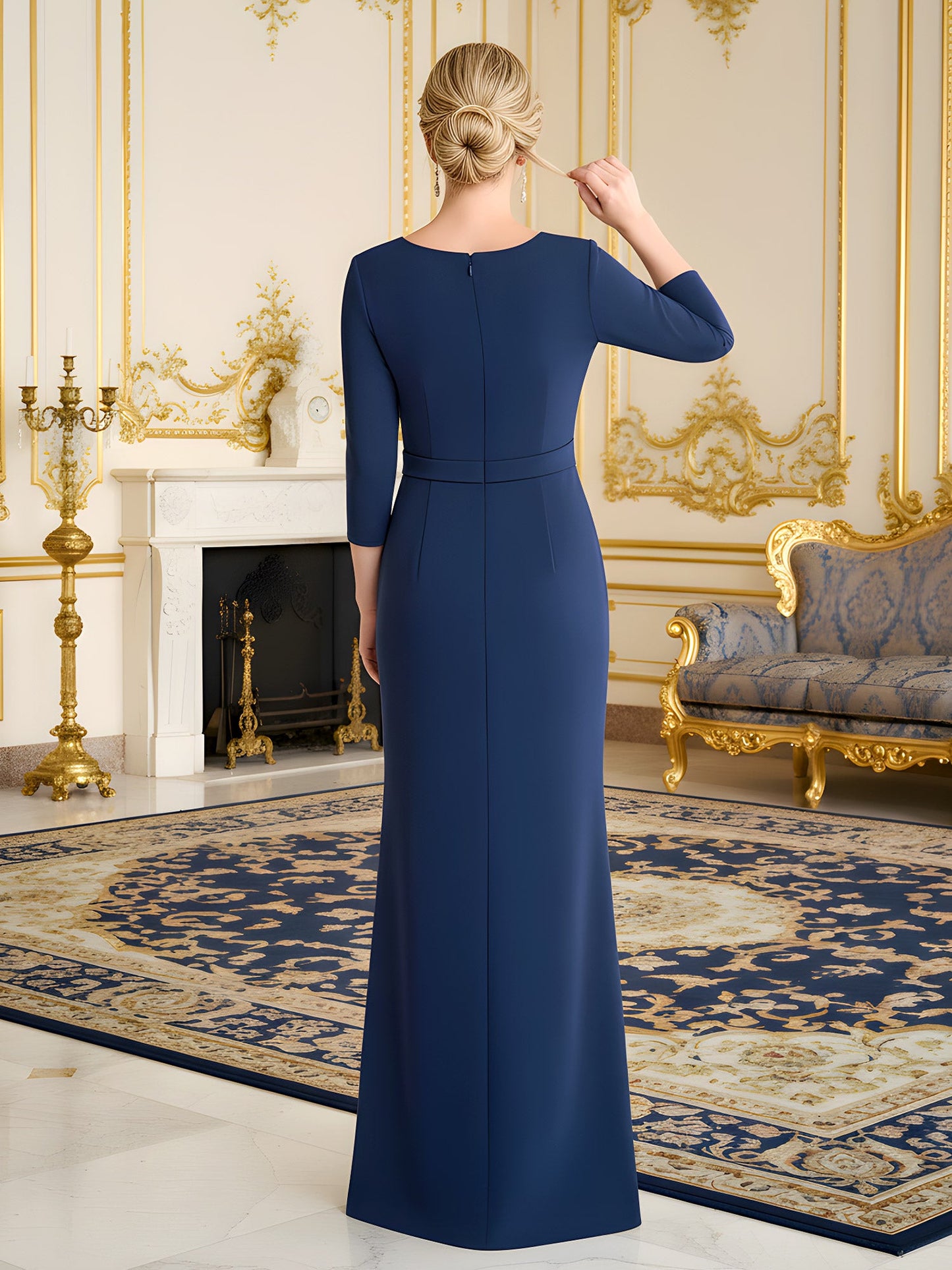 V-neck Pleated Bodice 3/4 Sleeves Ruffle Dress Navy Blue
