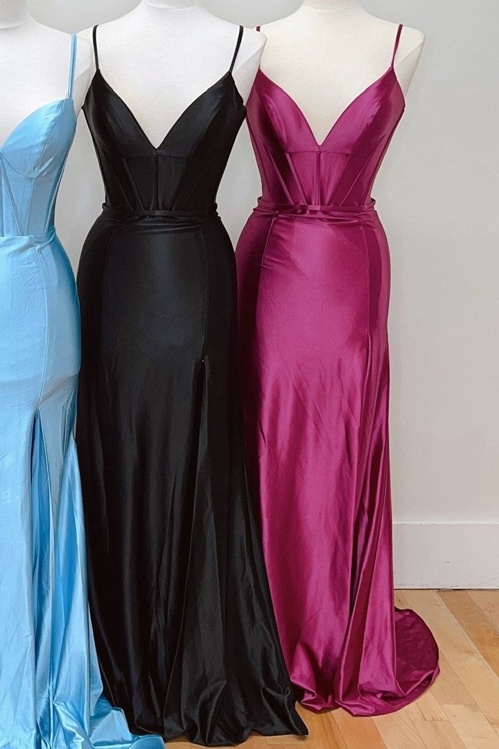 Blue V-Neck Spaghetti Strap Mermaid Long Dress with Slit