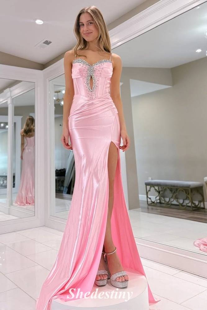 Mermaid Pink Rhinestone Slit Prom Dress with Keyhole
