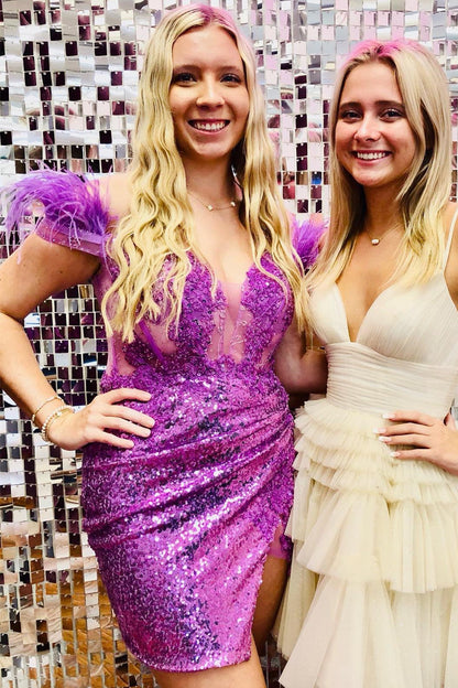 Black Sequin Off-the-Shoulder Lace-Up Short Gown with Feathers