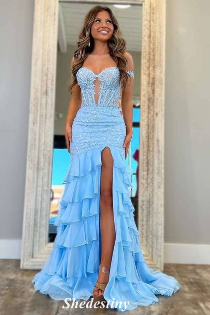 Mermaid Light Blue Off the Shoulder Tiered Ruffles Slit Prom Dress