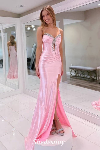 Mermaid Pink Rhinestone Slit Prom Dress with Keyhole