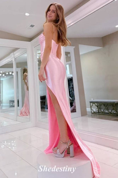 Mermaid Pink Rhinestone Slit Prom Dress with Keyhole