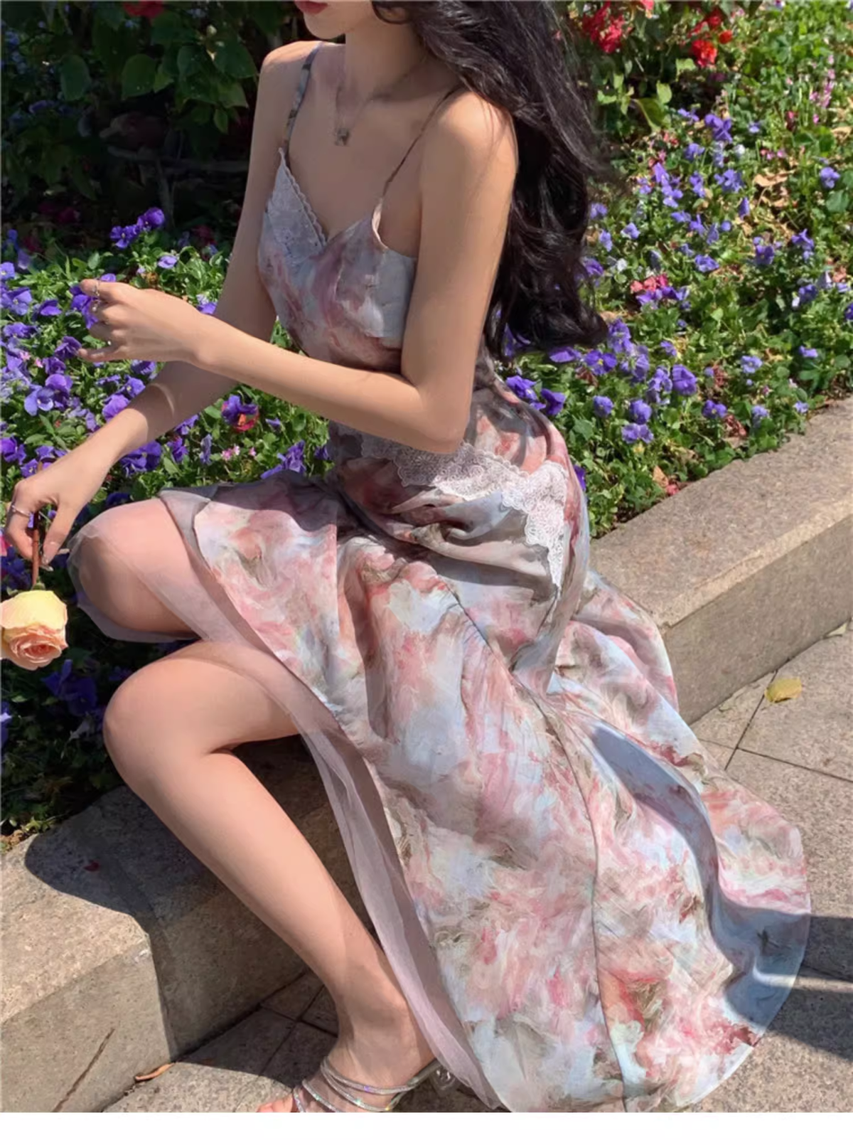 New Fashion Elegant Floral Design Mermaid Spaghetti Strap Dress HZ1024