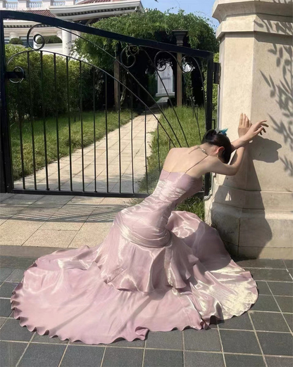 Chic Pink Satin Straps Long Party Dress Satin Mermaid Prom Dress Evening Dress cc1455