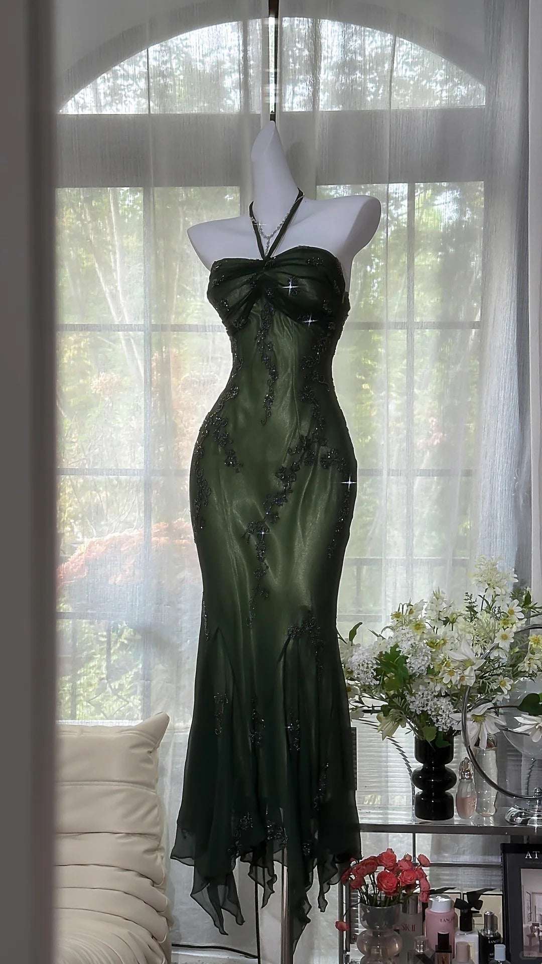 Luxury Dark Green Mermaid Bead Embroidered Chiffon Long Prom Dress Evening Dress cc5276