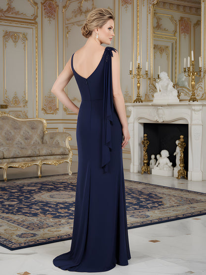 Beaded Asymmetrical Neck Pleated Sweep Train Gown Dark Navy