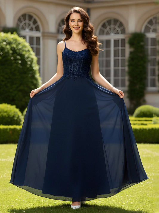 A-Line Floor Length Scoop Neck Chiffon Prom Dress Dark Navy
