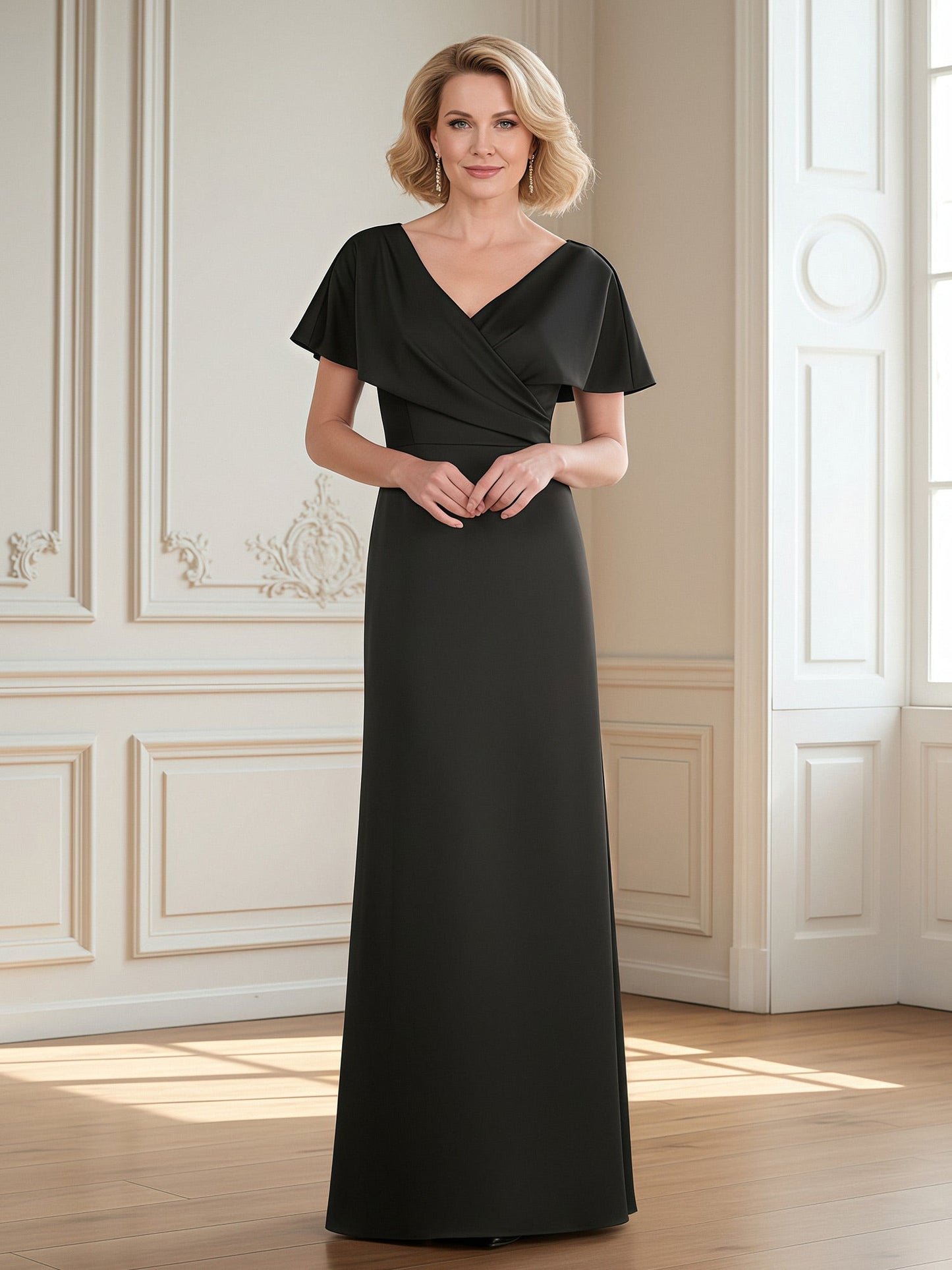 Flutter Sleeves Pleated V-neck Sheath Long Dress Black