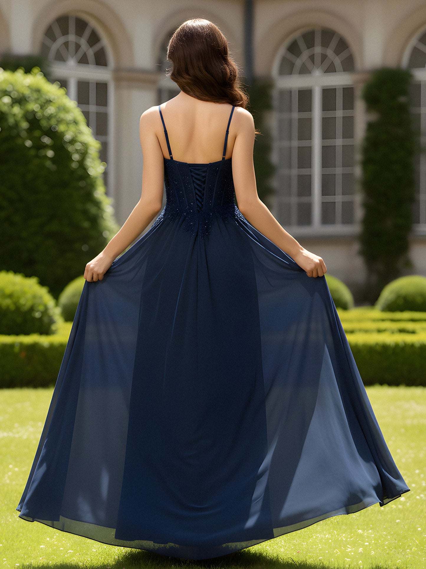 A-Line Floor Length Scoop Neck Chiffon Prom Dress Dark Navy