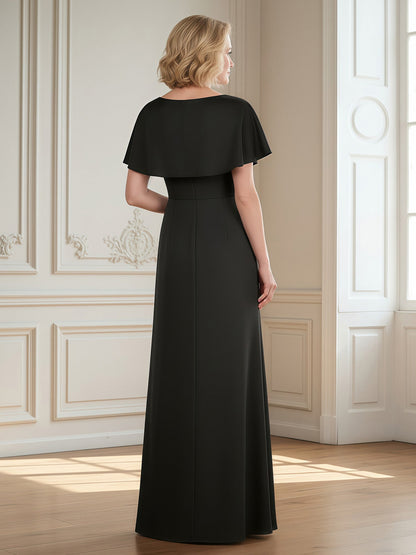 Flutter Sleeves Pleated V-neck Sheath Long Dress Black