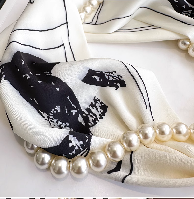 Vintage Floral Design Magnetic Buckle Pearl Soft Silk Scarf HZ1024