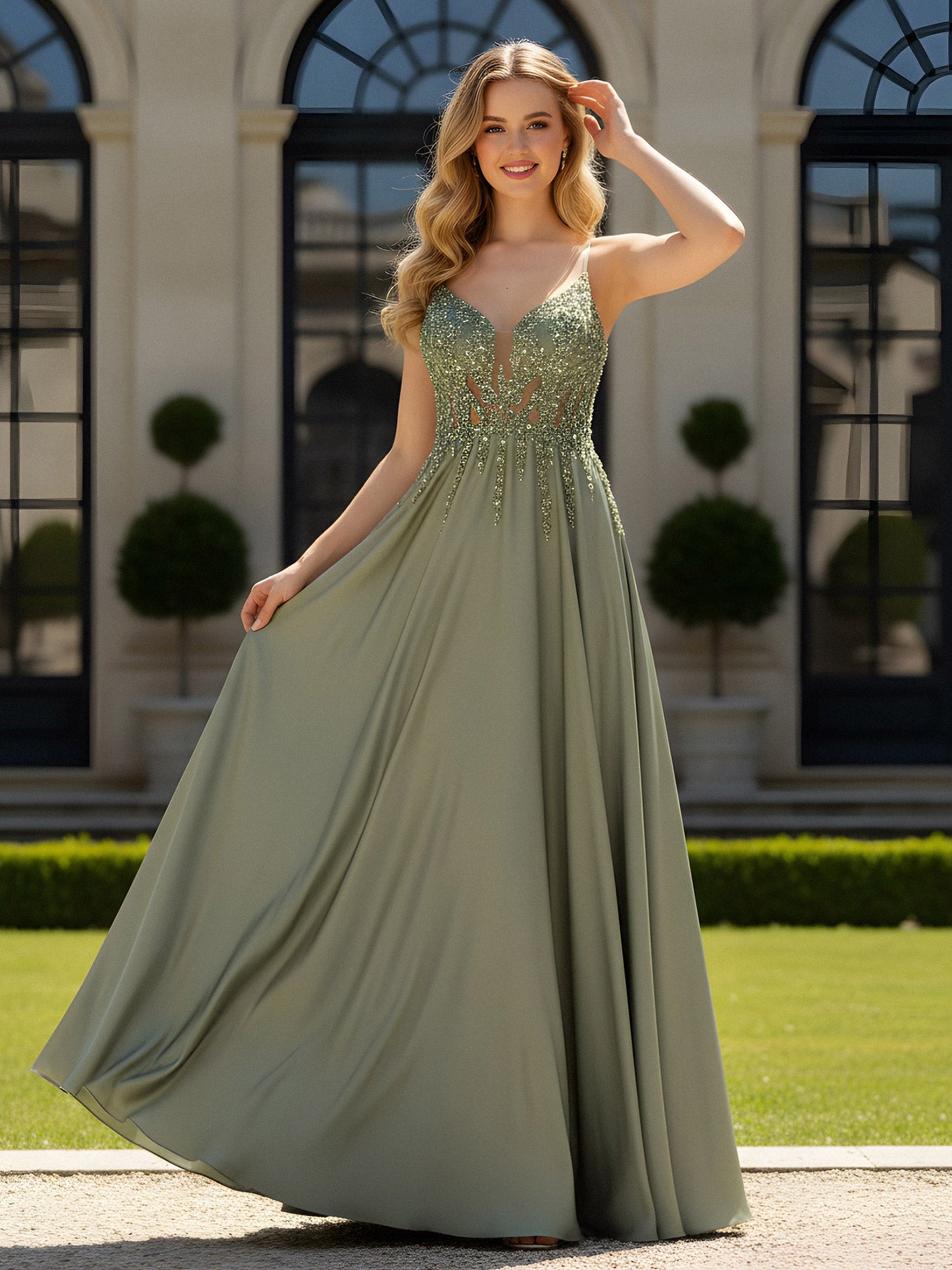 A-Line Floor Length Plunging V-Neck Open Back Dress Olive Green
