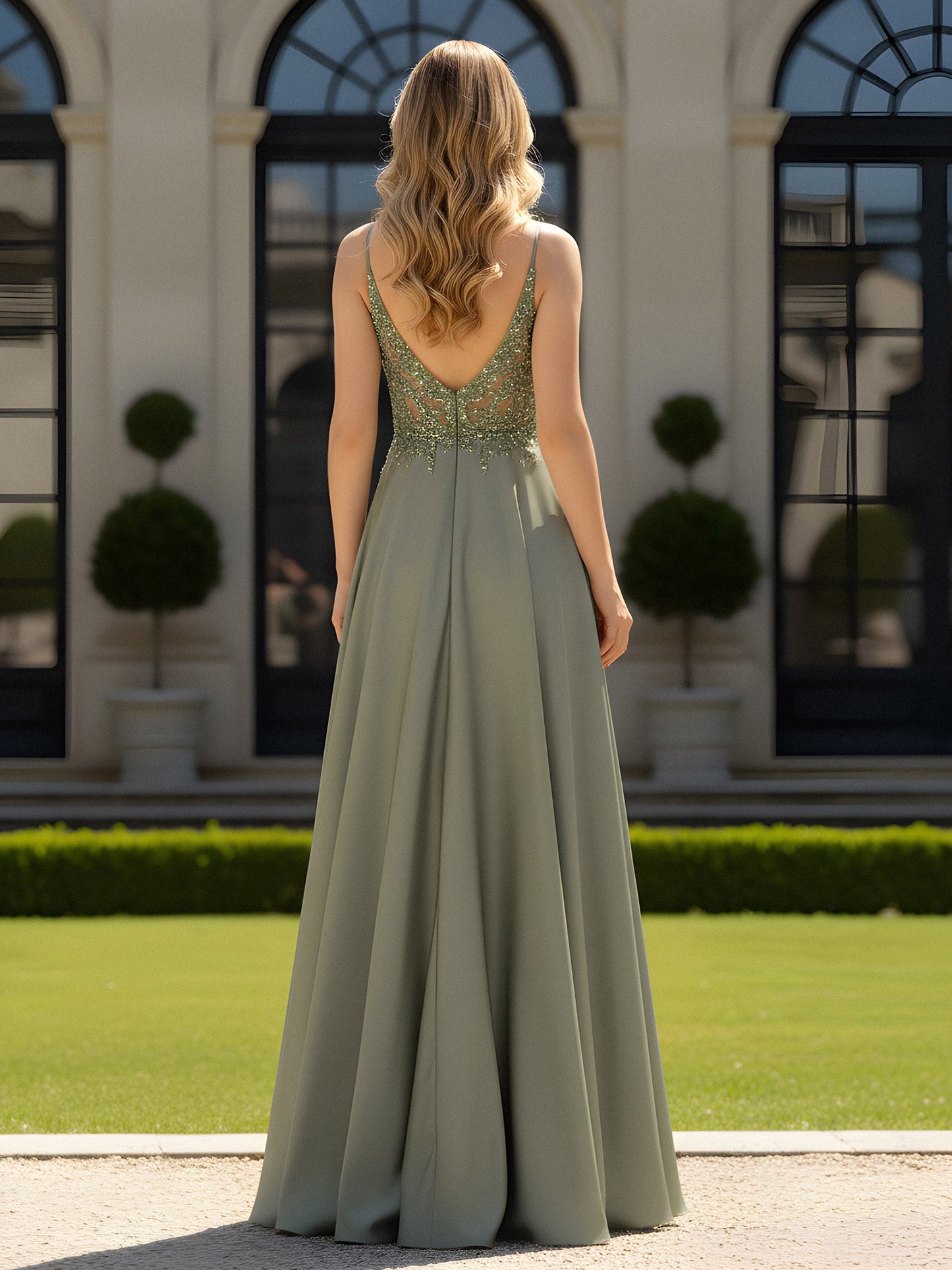 A-Line Floor Length Plunging V-Neck Open Back Dress Olive Green