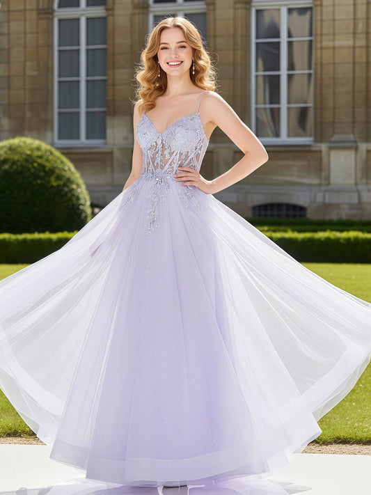 A-Line Floor Length V-Neck Appliqued Tulle Prom Dress Lilac