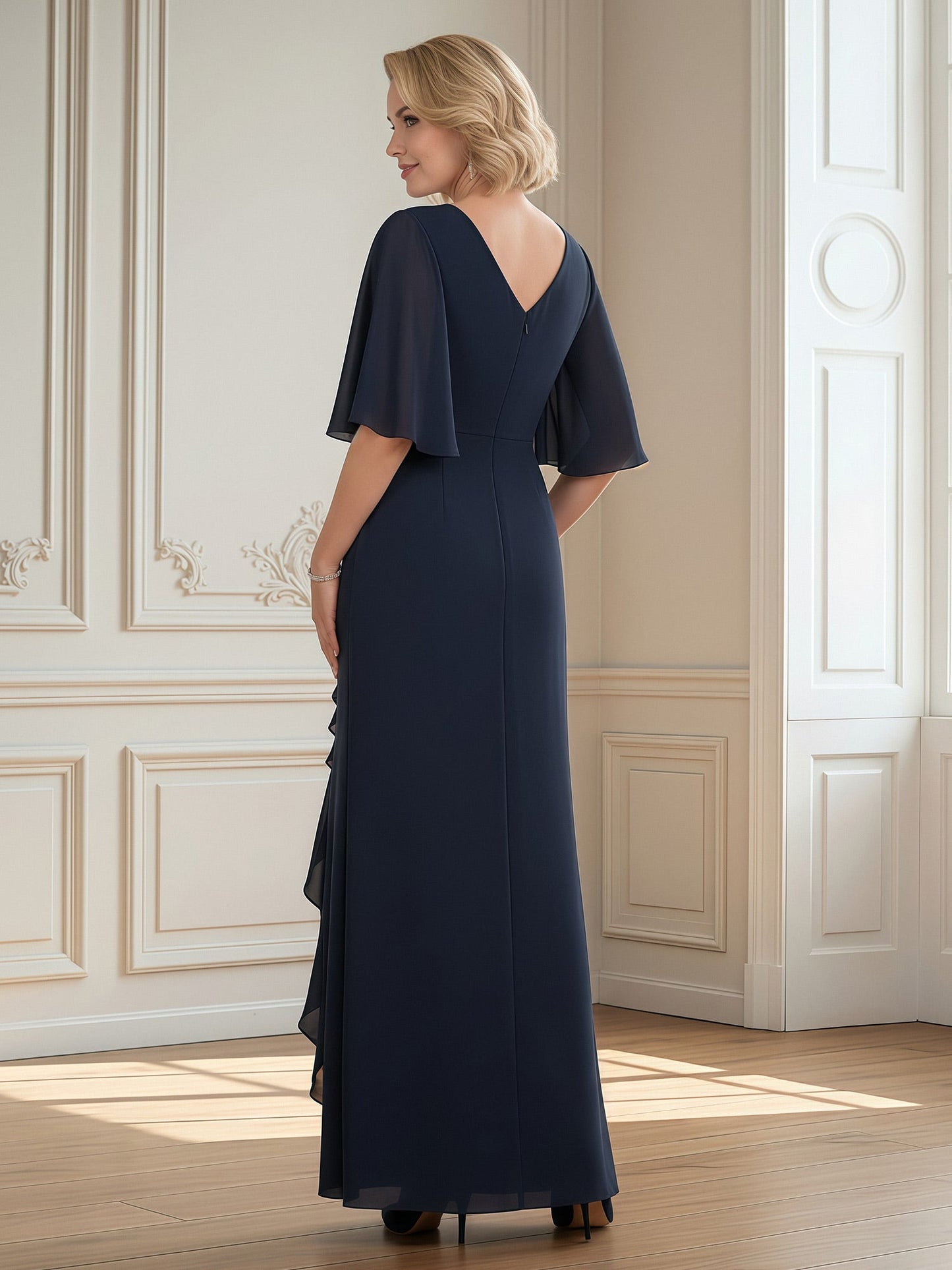 Flutter Sleeves Pleated Ruffle Long Dress With Slit Dark Navy