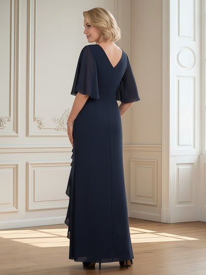 Flutter Sleeves Pleated Ruffle Long Dress With Slit Dark Navy