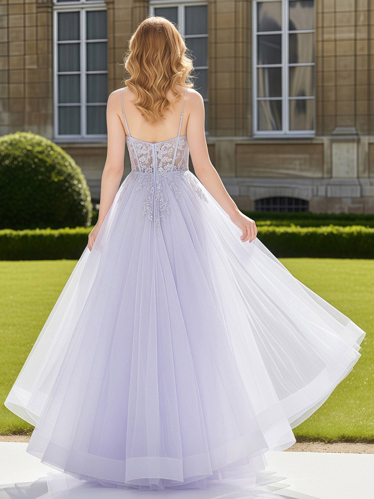 A-Line Floor Length V-Neck Appliqued Tulle Prom Dress Lilac