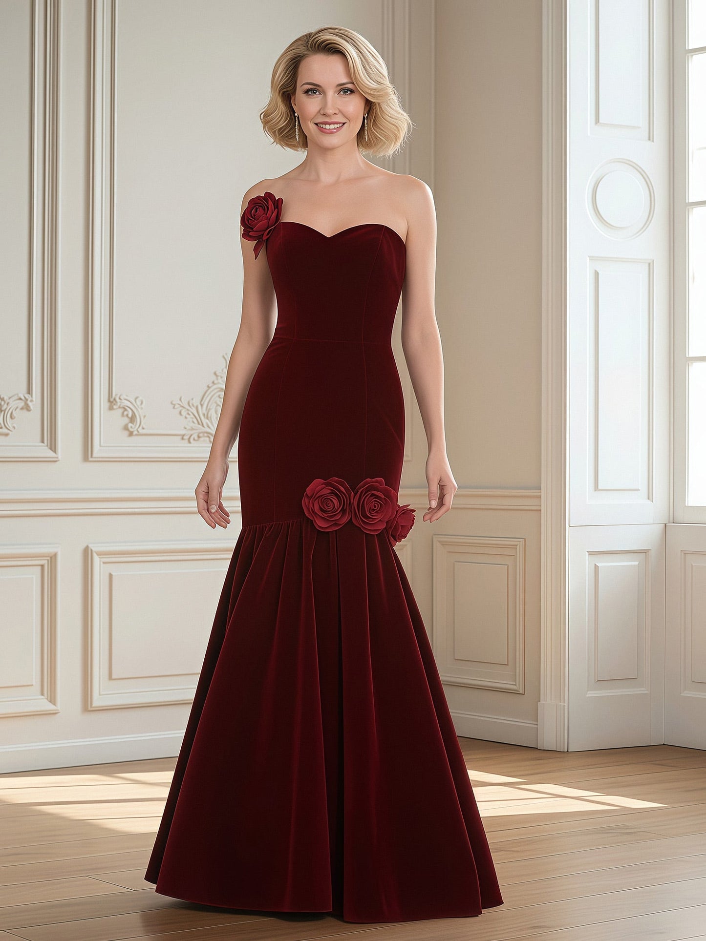 Sweetheart Mermaid Sweep Train Dress With Flowers Burgundy